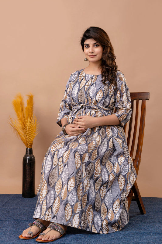 Fab Grey Printed Maternity Dress For Women | LASVINI - Redefining Indian Fashion with Elegance