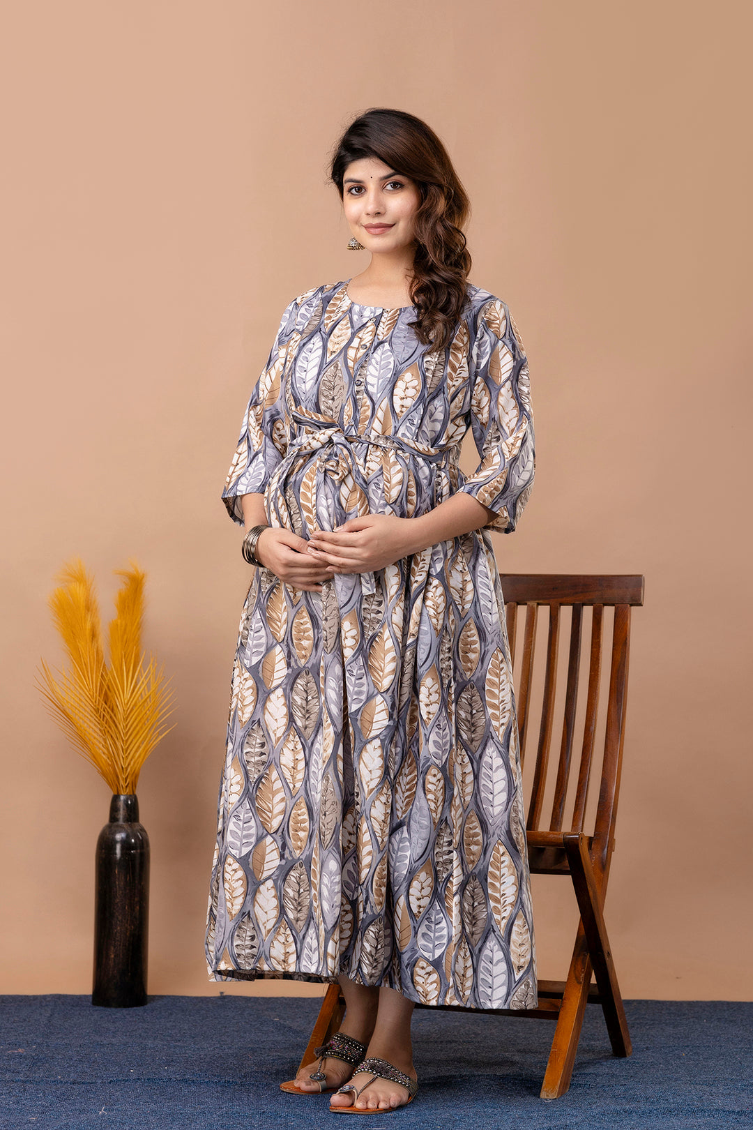Fab Grey Printed Maternity Dress For Women | LASVINI - Redefining Indian Fashion with Elegance