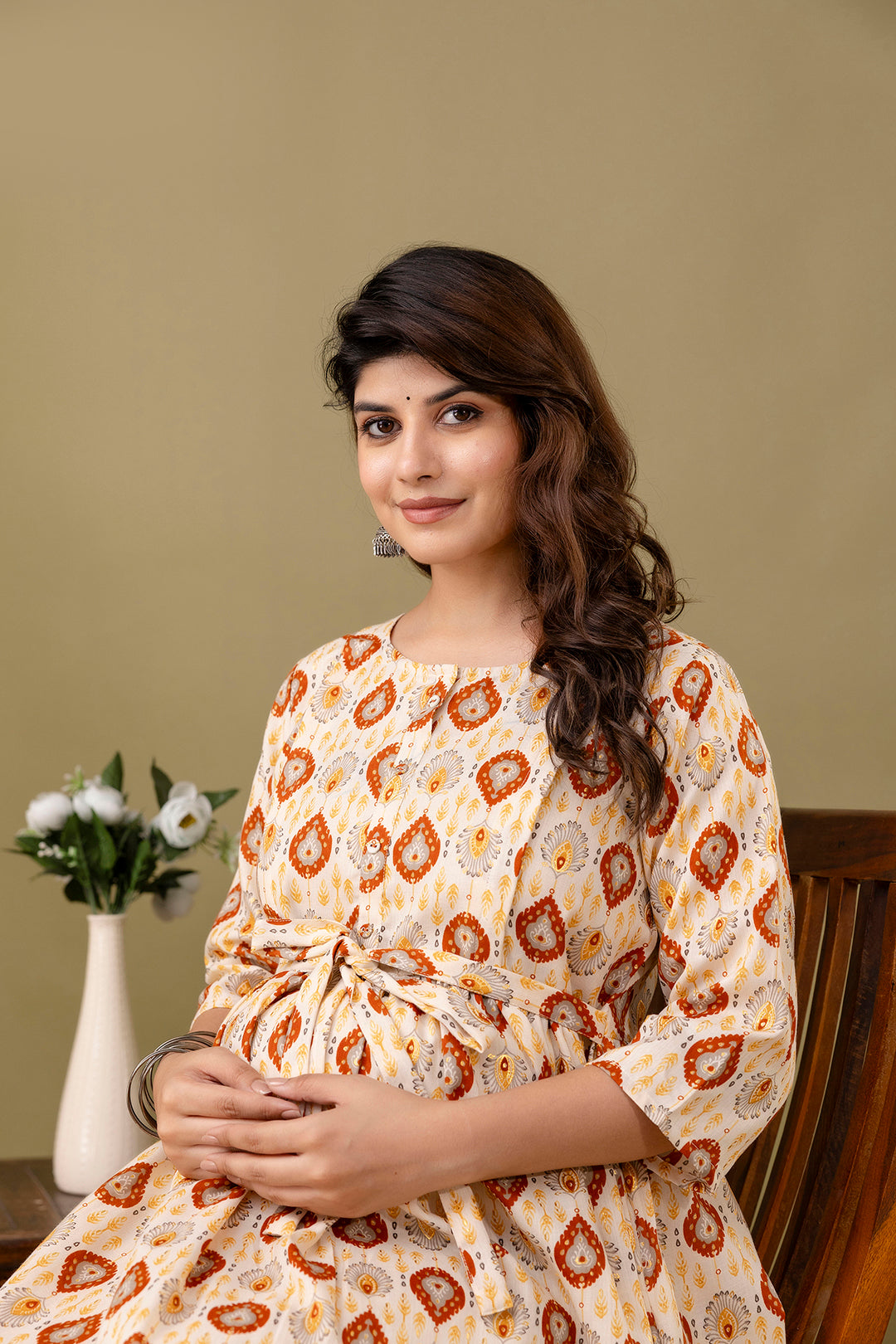 Fab Off White Printed Maternity Dress For Women | LASVINI - Redefining Indian Fashion with Elegance
