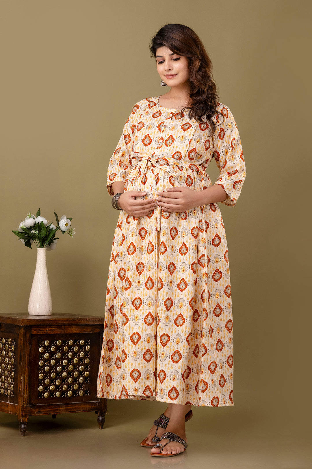 Fab Off White Printed Maternity Dress For Women | LASVINI - Redefining Indian Fashion with Elegance