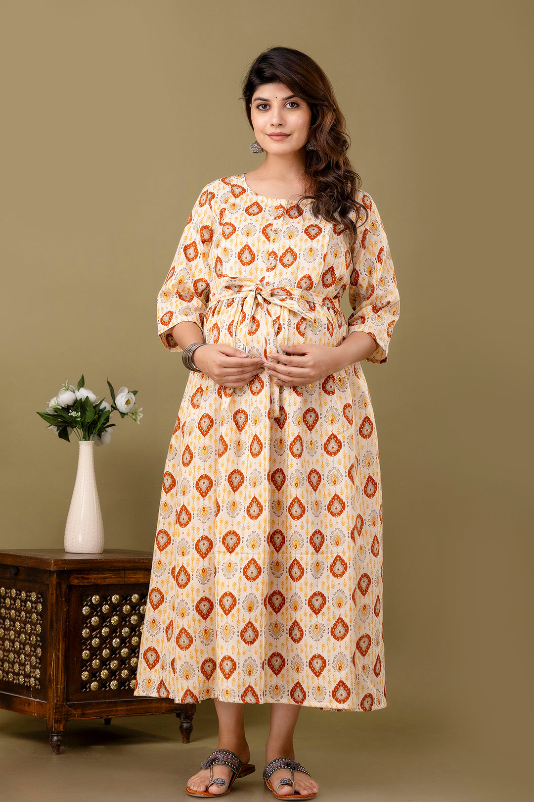 Fab Off White Printed Maternity Dress For Women | LASVINI - Redefining Indian Fashion with Elegance