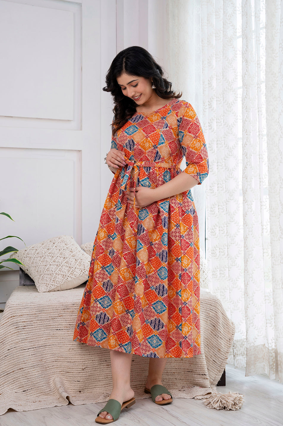 Orange Printed Maternity Dress For Women | LASVINI - Redefining Indian Fashion with Elegance