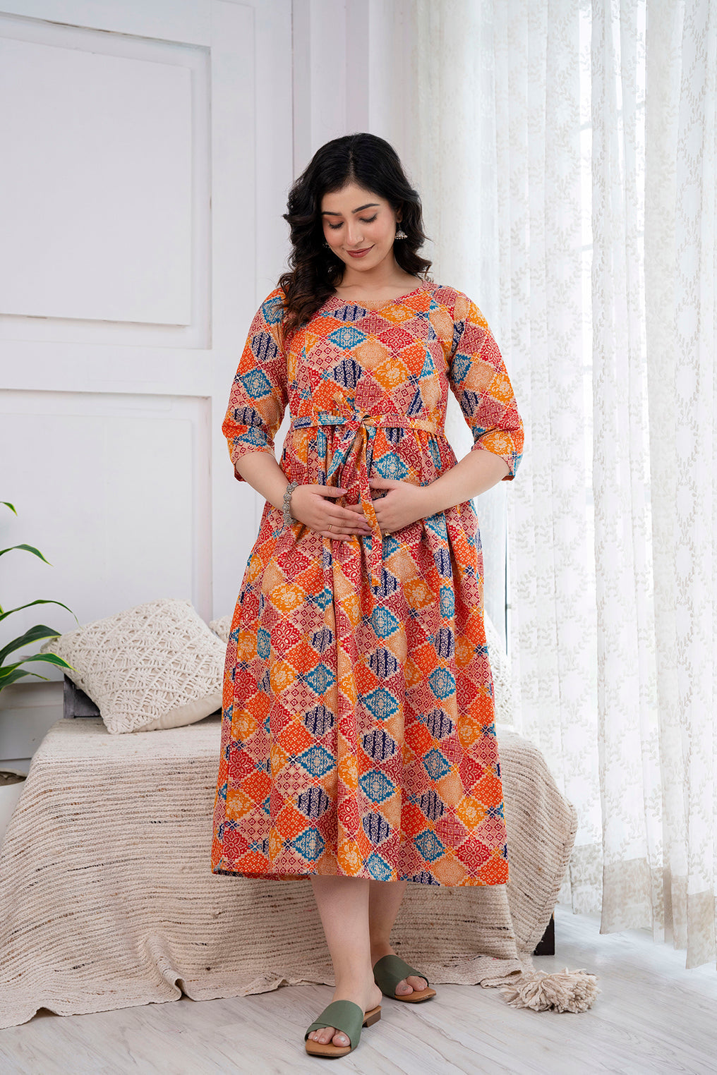 Orange Printed Maternity Dress For Women | LASVINI - Redefining Indian Fashion with Elegance