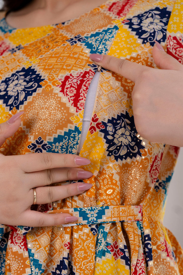 Yellow Printed Maternity Dress For Women | LASVINI - Redefining Indian Fashion with Elegance
