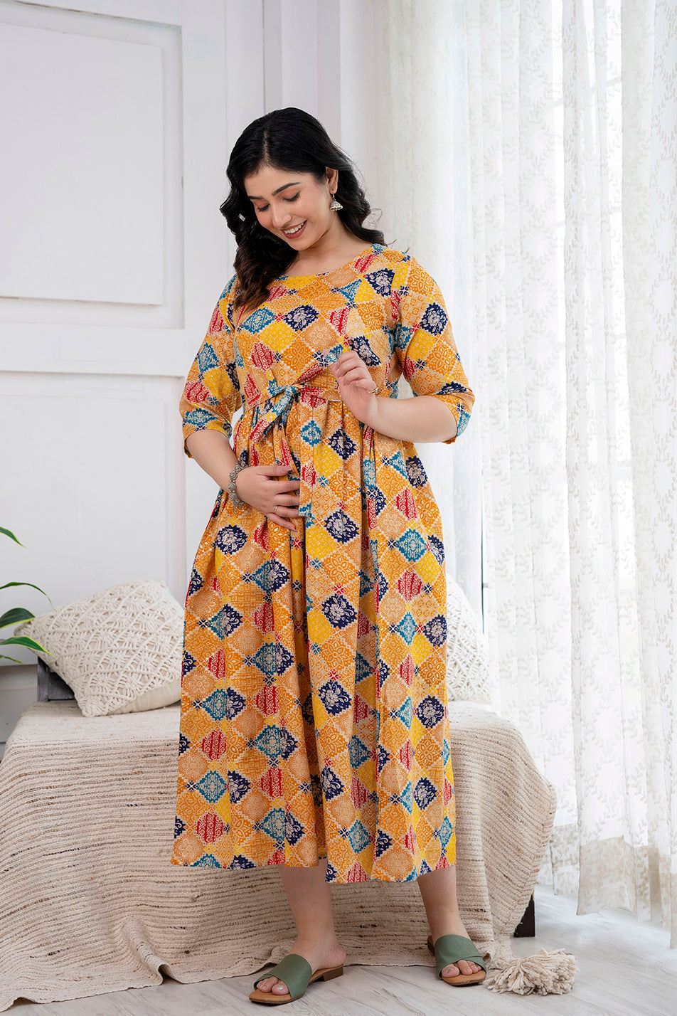 Yellow Printed Maternity Dress For Women | LASVINI - Redefining Indian Fashion with Elegance