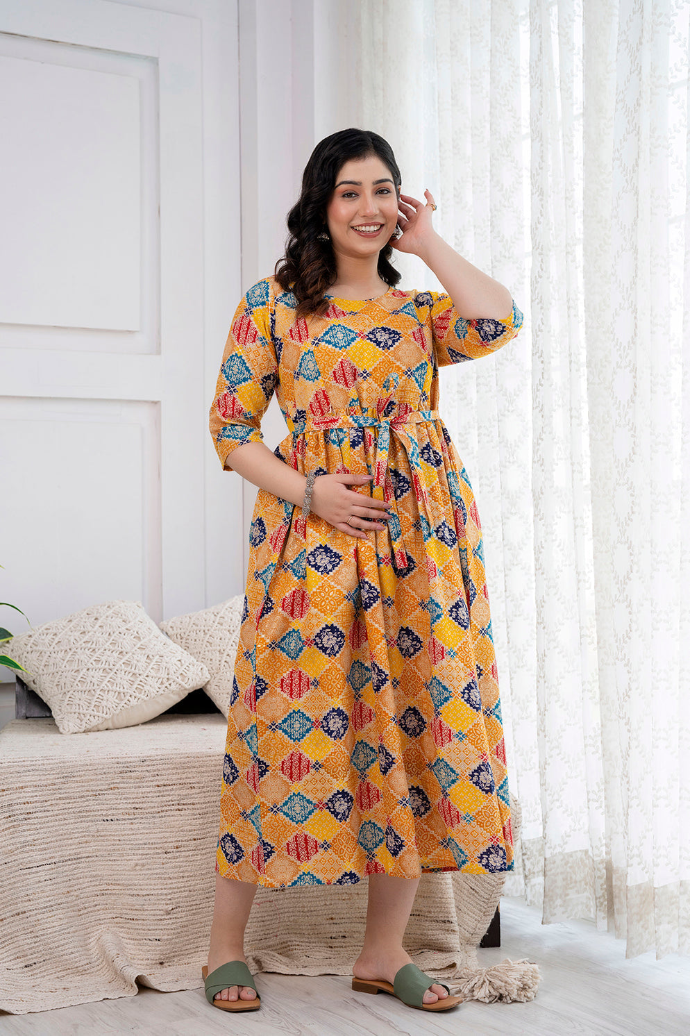 Yellow Printed Maternity Dress For Women | LASVINI - Redefining Indian Fashion with Elegance