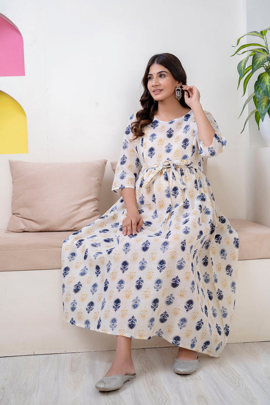 Women Off White Printed Flared Maternity Dress | LASVINI - Redefining Indian Fashion with Elegance