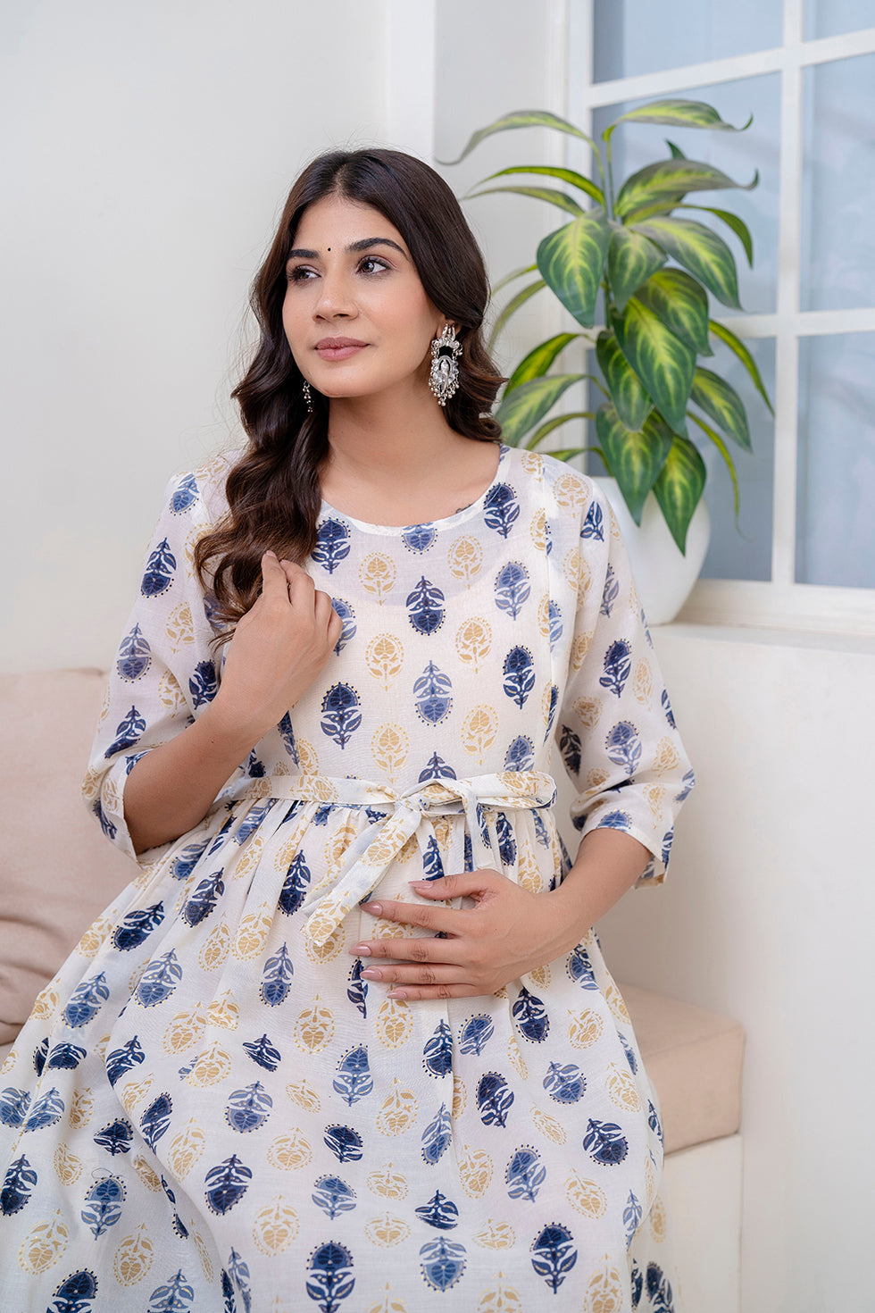 Women Off White Printed Flared Maternity Dress | LASVINI - Redefining Indian Fashion with Elegance