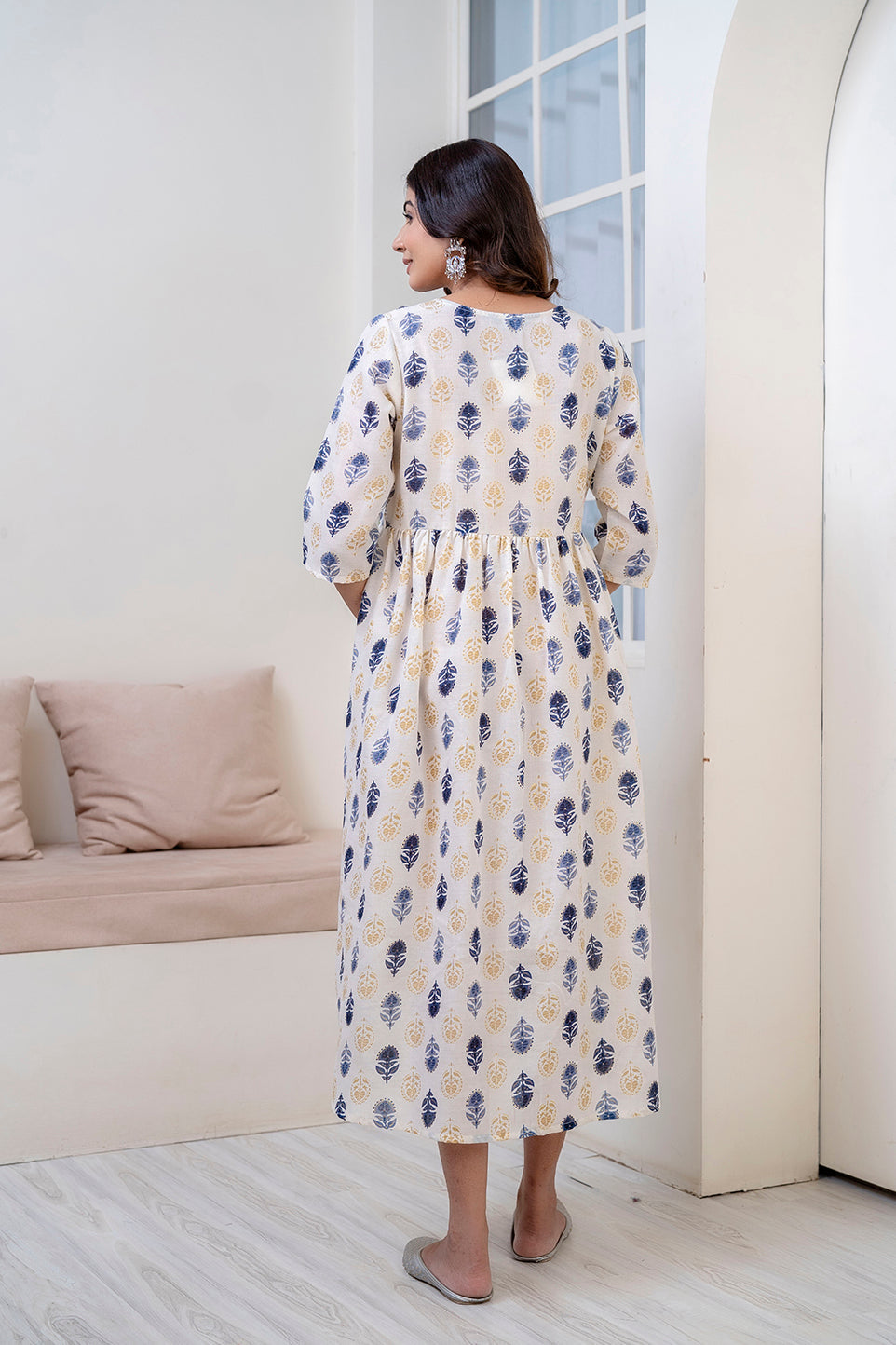 Women Off White Printed Flared Maternity Dress | LASVINI - Redefining Indian Fashion with Elegance