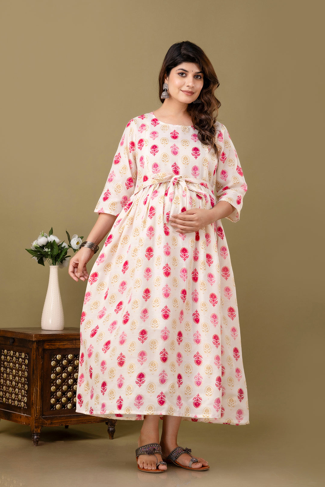 Women Off White Printed Flared Maternity Dress | LASVINI - Redefining Indian Fashion with Elegance
