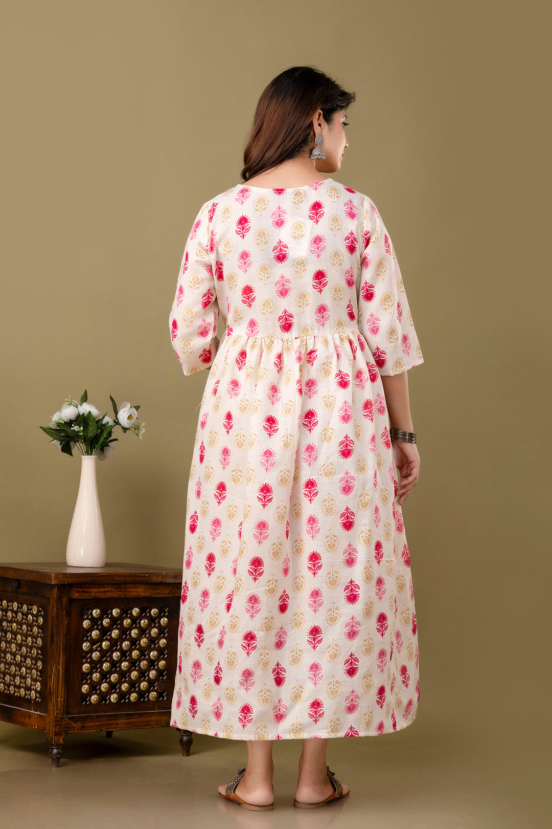 Women Off White Printed Flared Maternity Dress | LASVINI - Redefining Indian Fashion with Elegance