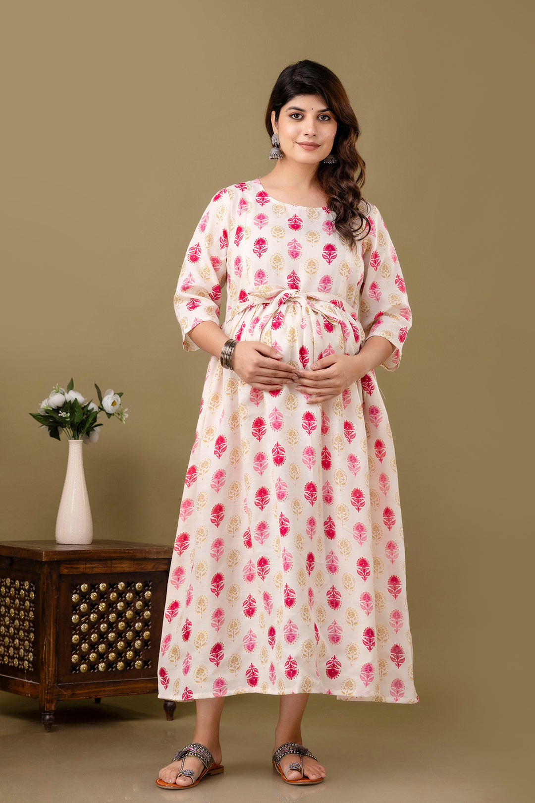 Women Off White Printed Flared Maternity Dress | LASVINI - Redefining Indian Fashion with Elegance