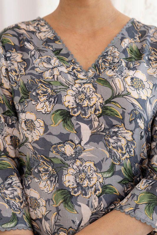 Women Grey Printed Straight V-Neck Kurta | LASVINI - Redefining Indian Fashion with Elegance