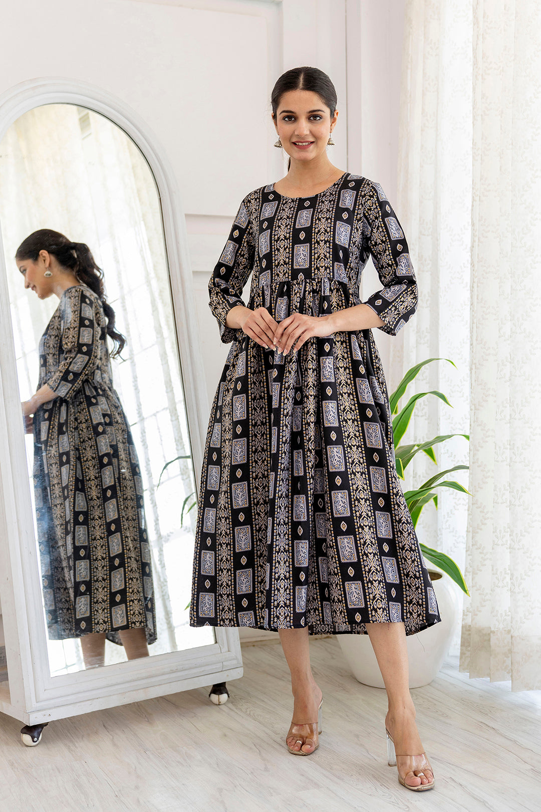Women Black Ethnic Printed Flared Dress | LASVINI - Redefining Indian Fashion with Elegance