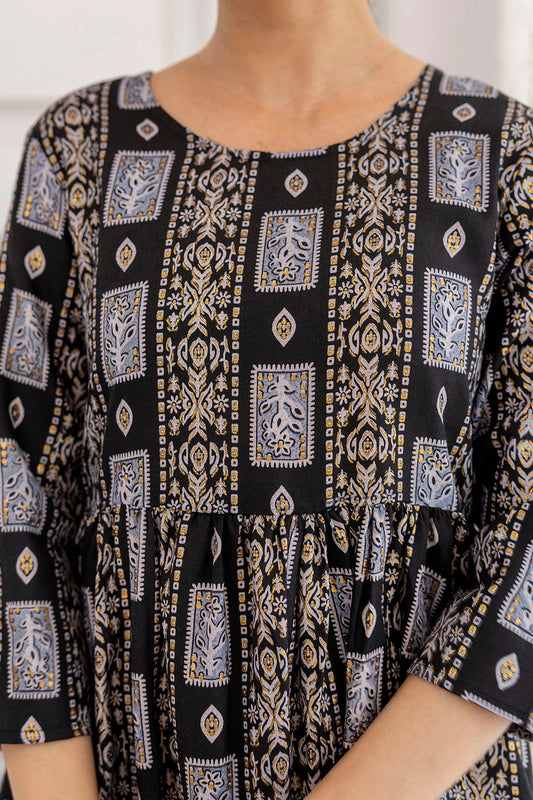 Women Black Ethnic Printed Flared Dress | LASVINI - Redefining Indian Fashion with Elegance