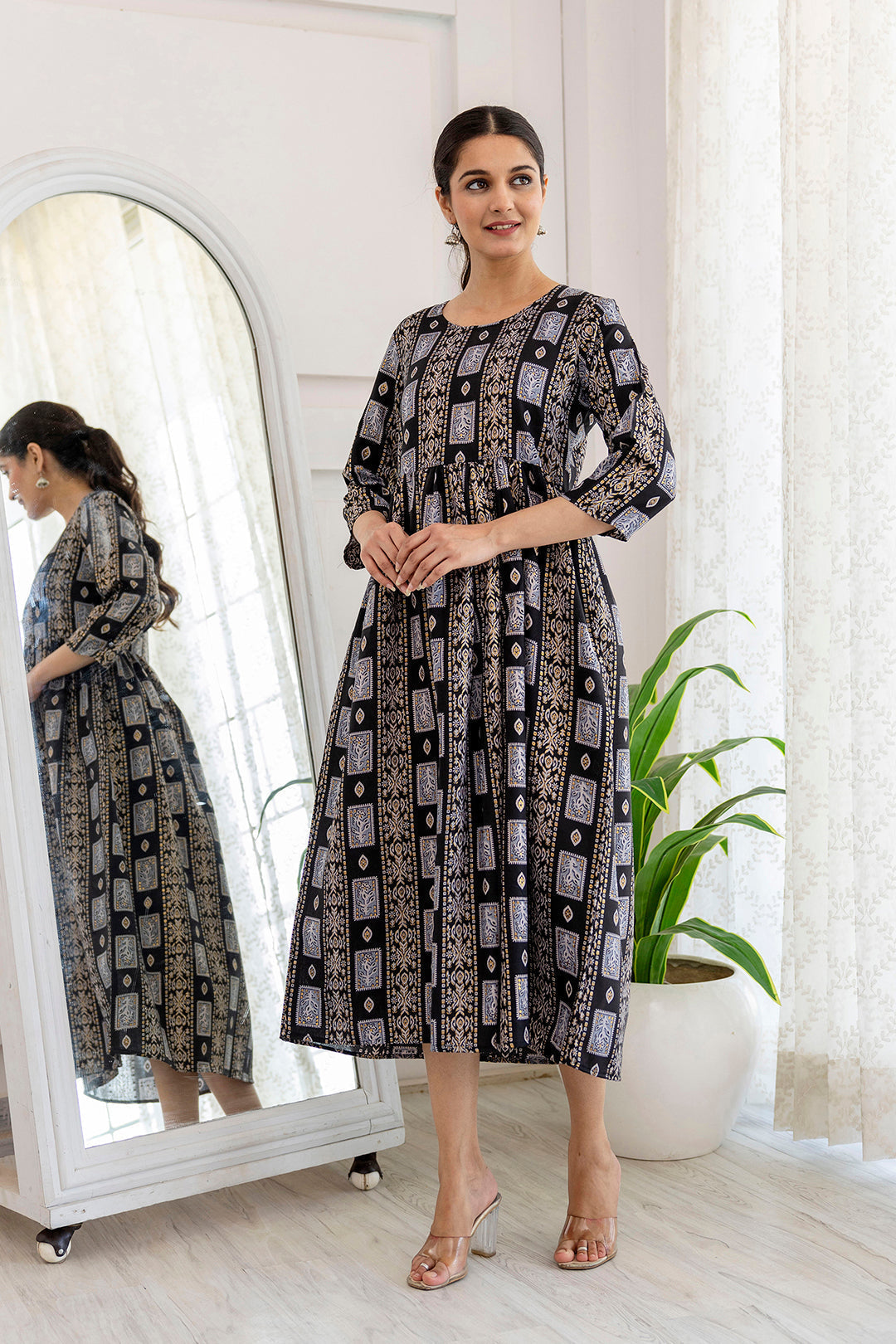Women Black Ethnic Printed Flared Dress | LASVINI - Redefining Indian Fashion with Elegance