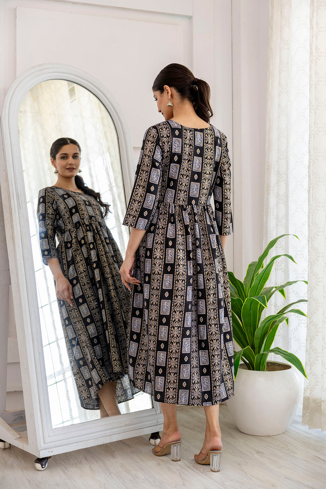 Women Black Ethnic Printed Flared Dress | LASVINI - Redefining Indian Fashion with Elegance