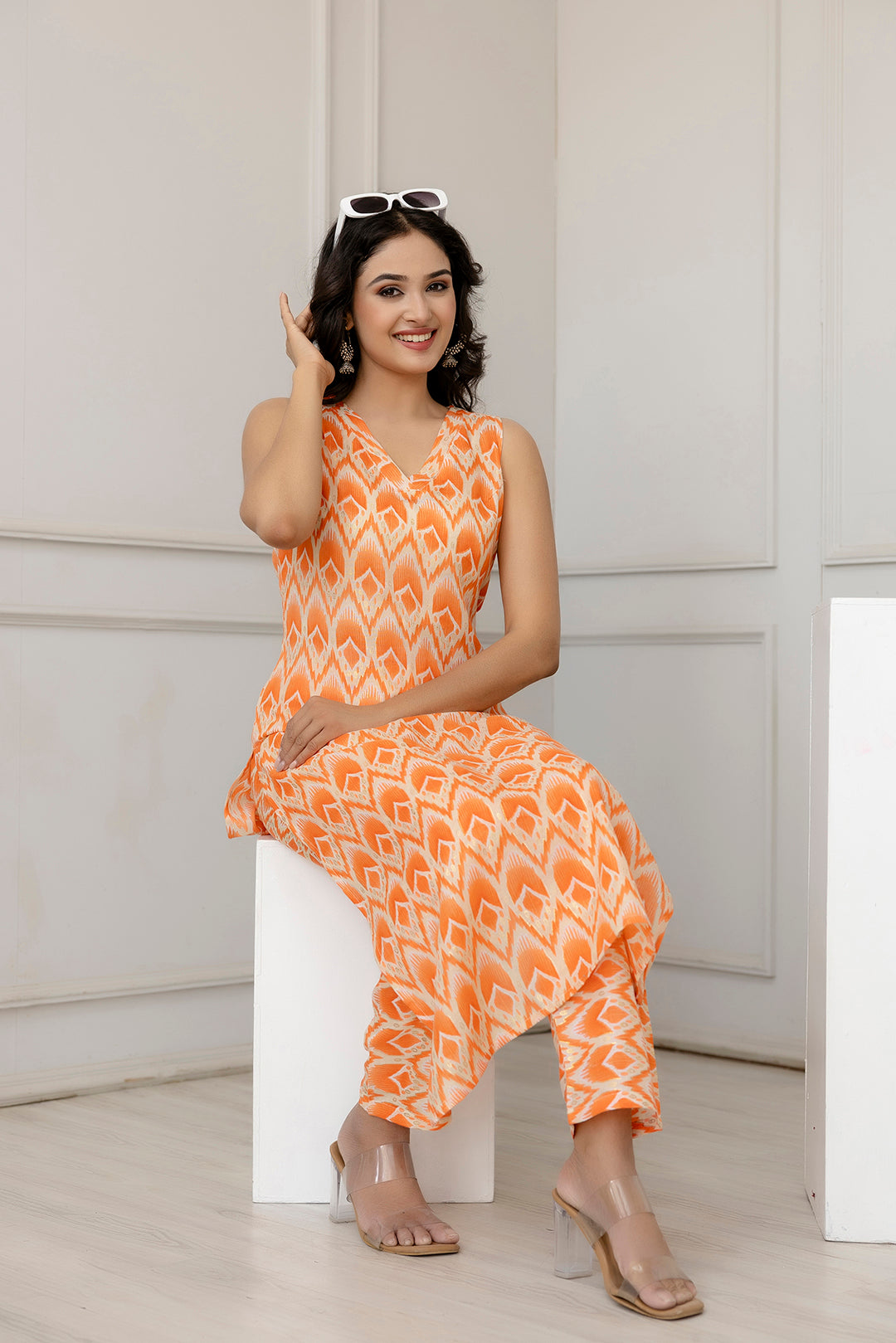 Women Orange Color Printed Straight Kurta With Trouser | LASVINI - Redefining Indian Fashion with Elegance