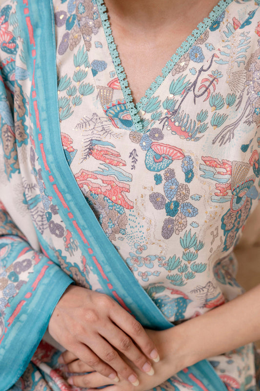 Women Off White Printed Straight Kurta With Trouser And Dupatta | LASVINI - Redefining Indian Fashion with Elegance