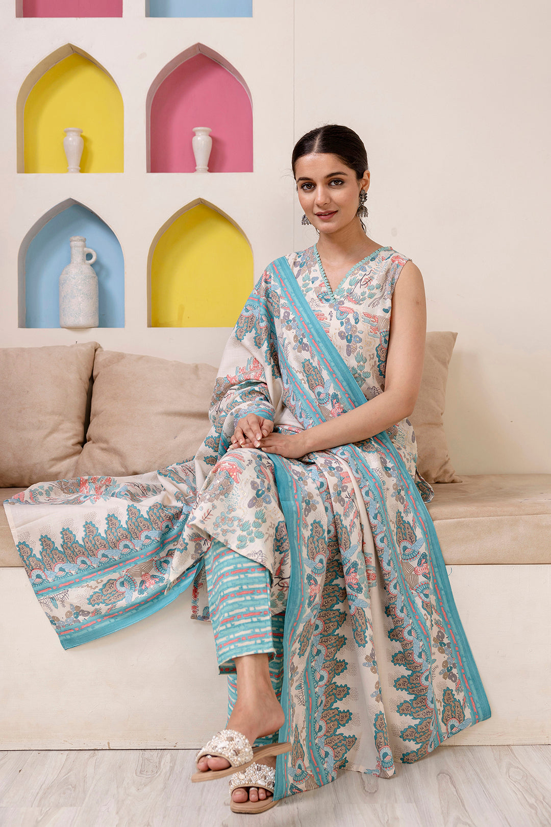 Women Off White Printed Straight Kurta With Trouser And Dupatta | LASVINI - Redefining Indian Fashion with Elegance