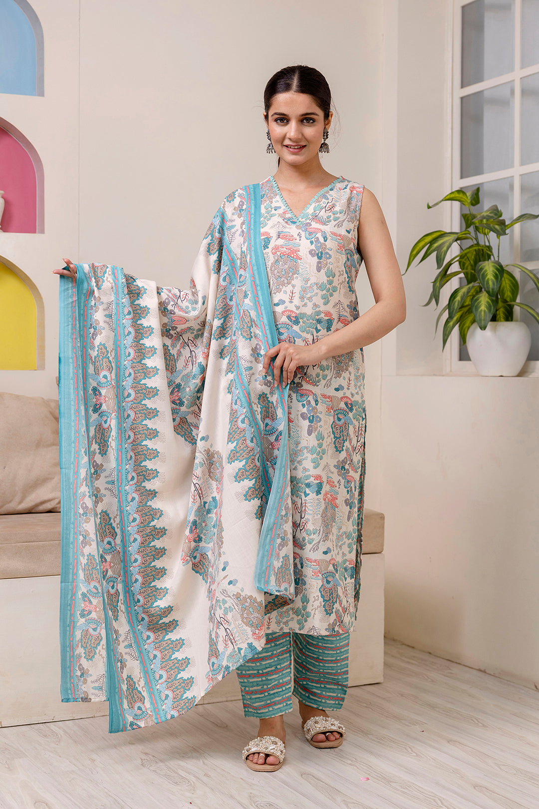 Women Off White Printed Straight Kurta With Trouser And Dupatta | LASVINI - Redefining Indian Fashion with Elegance