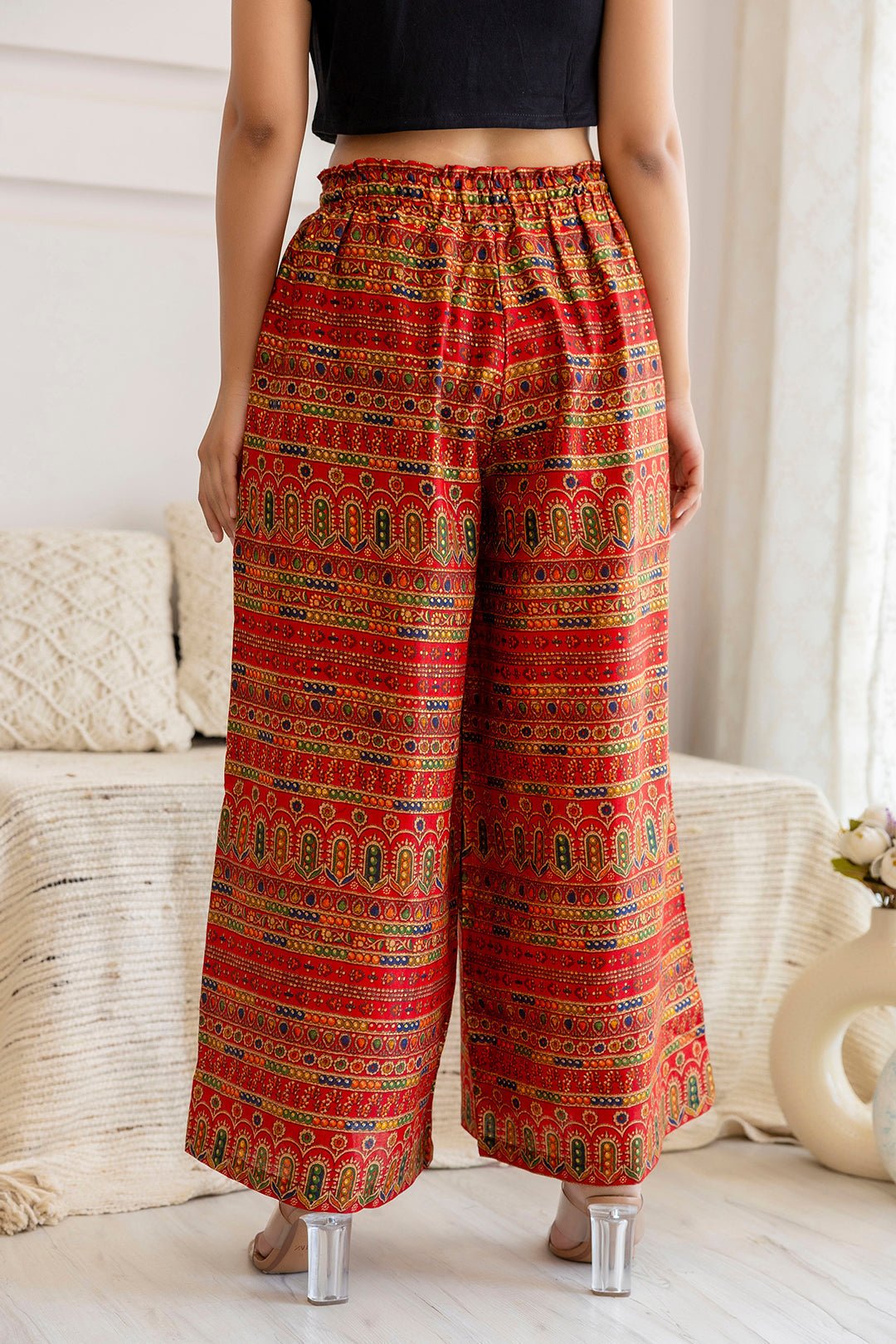 Women Red Printed Straight Palazzo | LASVINI - Redefining Indian Fashion with Elegance