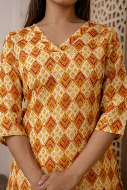 Women Yellow Printed Straight Kurta With Three Quarter Sleeves | LASVINI - Redefining Indian Fashion with Elegance