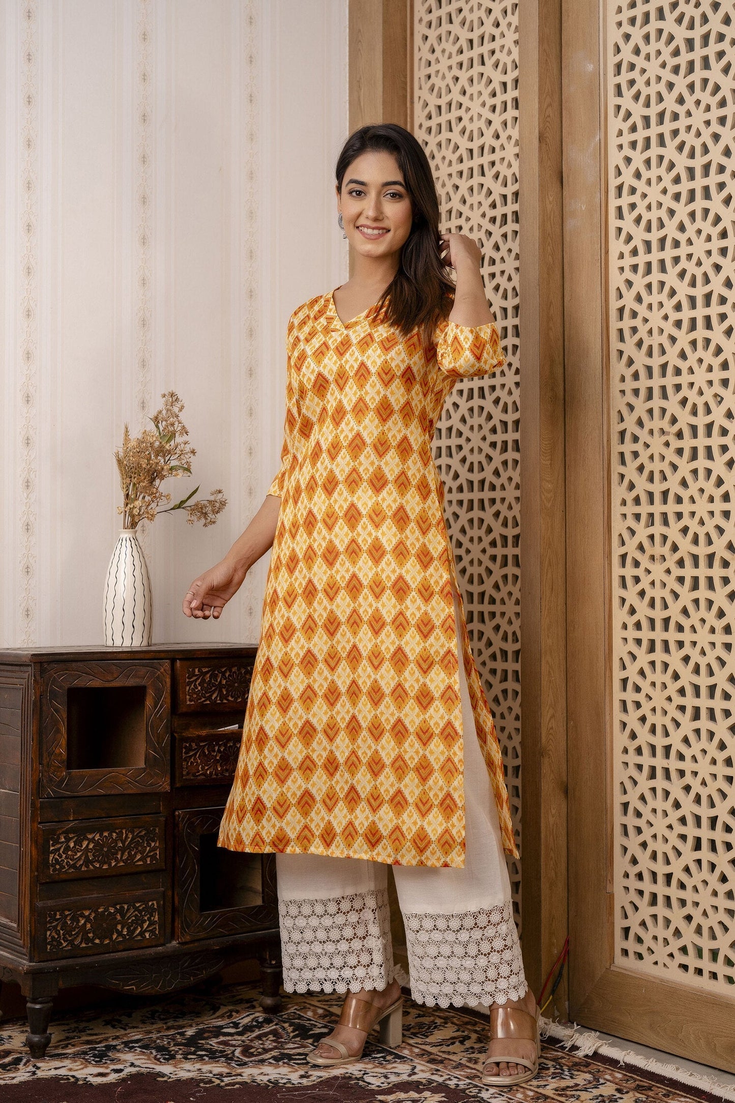 Women Yellow Printed Straight Kurta With Three Quarter Sleeves | LASVINI - Redefining Indian Fashion with Elegance