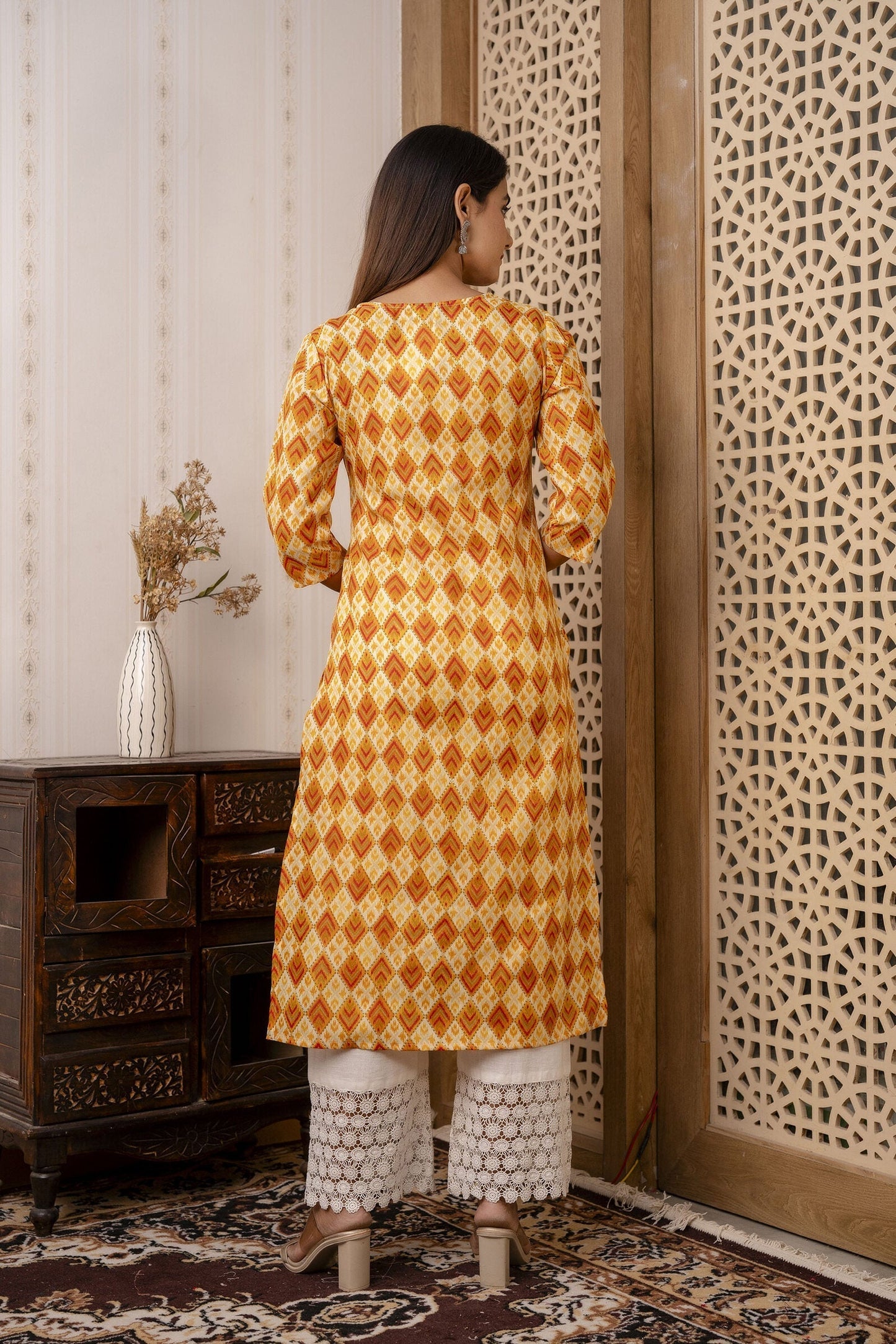 Women Yellow Printed Straight Kurta With Three Quarter Sleeves | LASVINI - Redefining Indian Fashion with Elegance