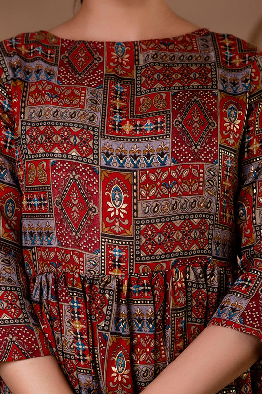 Women Maroon Abstract Printed Flared Dress | LASVINI - Redefining Indian Fashion with Elegance