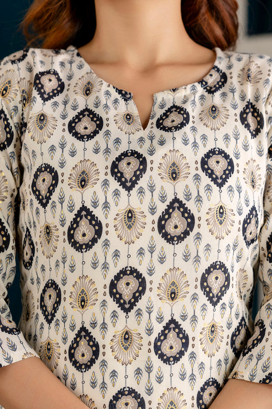 Women Off White And Black Printed Straight Kurta | LASVINI - Redefining Indian Fashion with Elegance