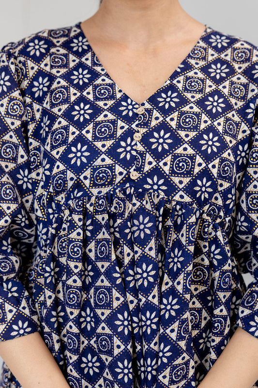 Women Blue Ethnic Printed Flared Dress | LASVINI - Redefining Indian Fashion with Elegance