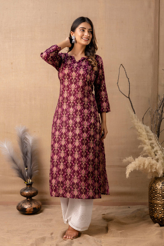 Women Burgundy Printed Straight Kurta | LASVINI - Redefining Indian Fashion with Elegance