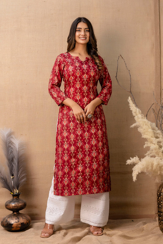 Women Maroon Printed Straight Kurta | LASVINI - Redefining Indian Fashion with Elegance