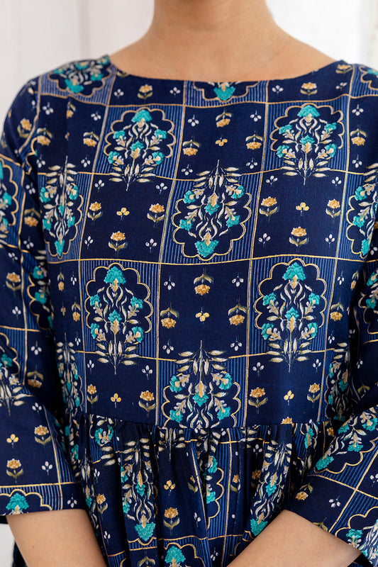 Women Navy Blue Ethnic Printed Flared Dress | LASVINI - Redefining Indian Fashion with Elegance