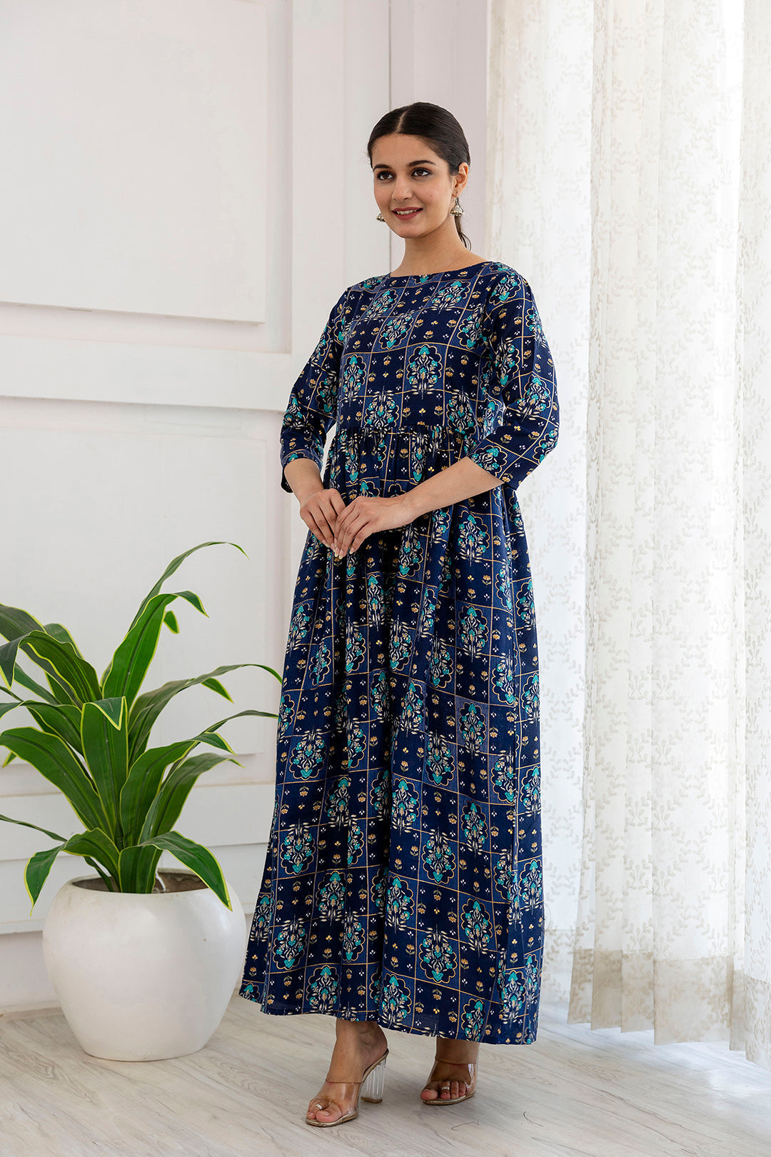 Women Navy Blue Ethnic Printed Flared Dress | LASVINI - Redefining Indian Fashion with Elegance