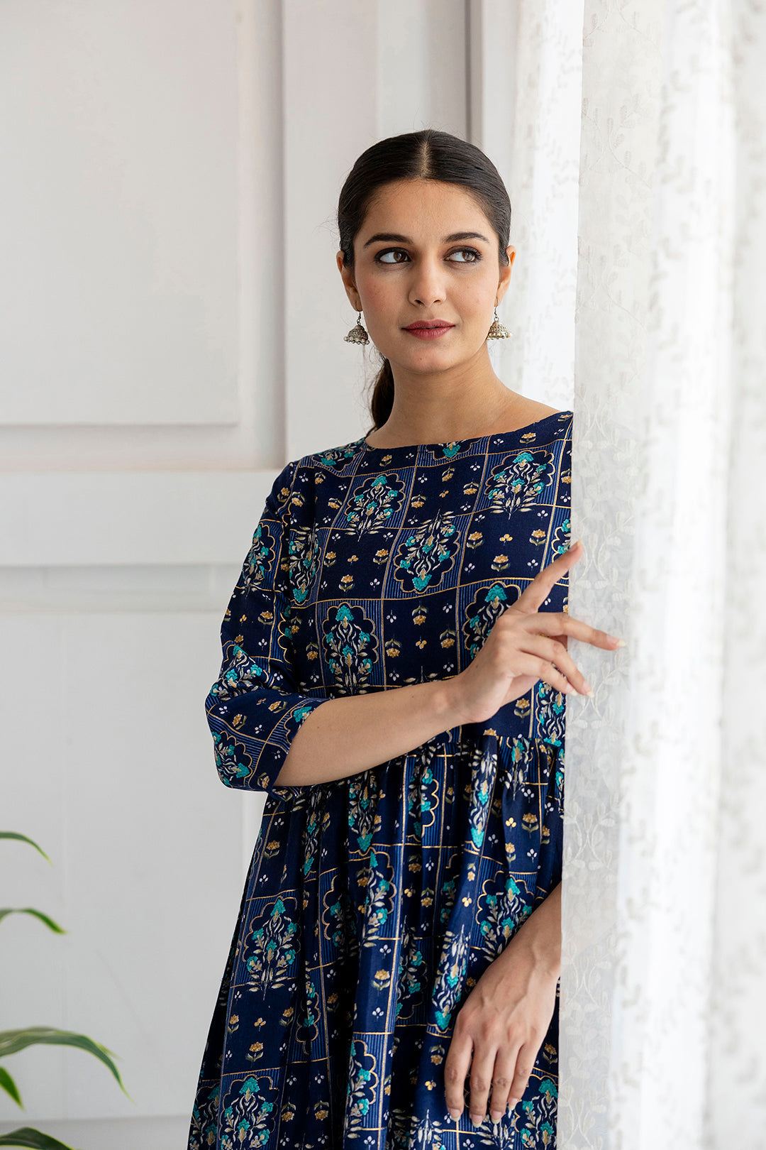 Women Navy Blue Ethnic Printed Flared Dress | LASVINI - Redefining Indian Fashion with Elegance