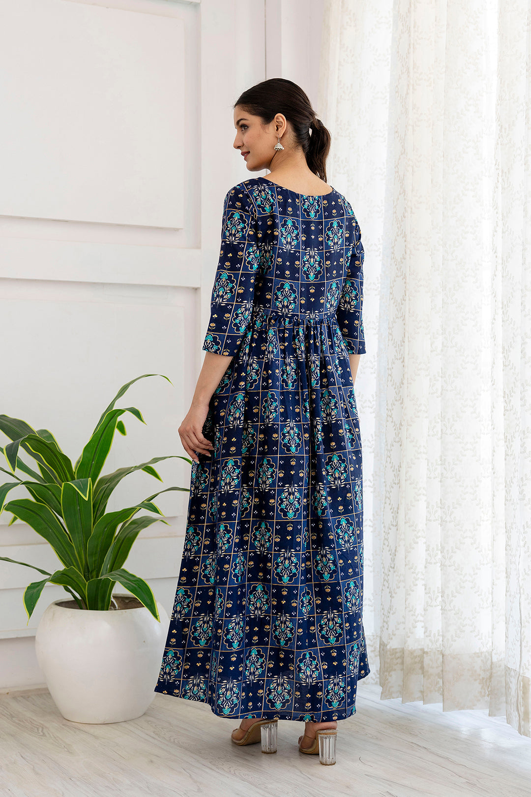 Women Navy Blue Ethnic Printed Flared Dress | LASVINI - Redefining Indian Fashion with Elegance