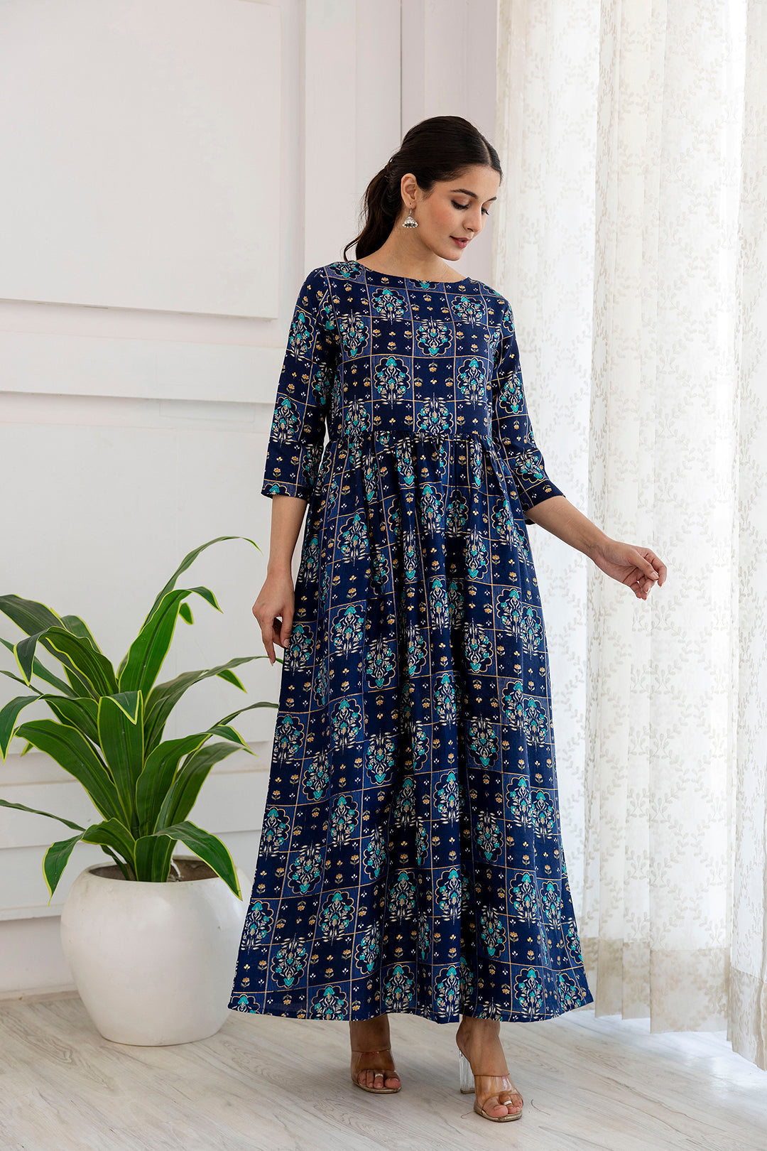 Women Navy Blue Ethnic Printed Flared Dress | LASVINI - Redefining Indian Fashion with Elegance