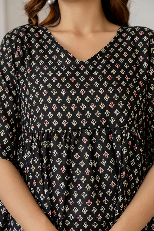 Women Black Printed V-Neck Peplum Tunic | LASVINI - Redefining Indian Fashion with Elegance