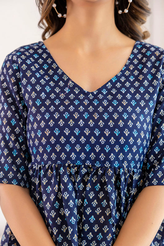 Women Navy Blue Printed V-Neck Peplum Tunic | LASVINI - Redefining Indian Fashion with Elegance