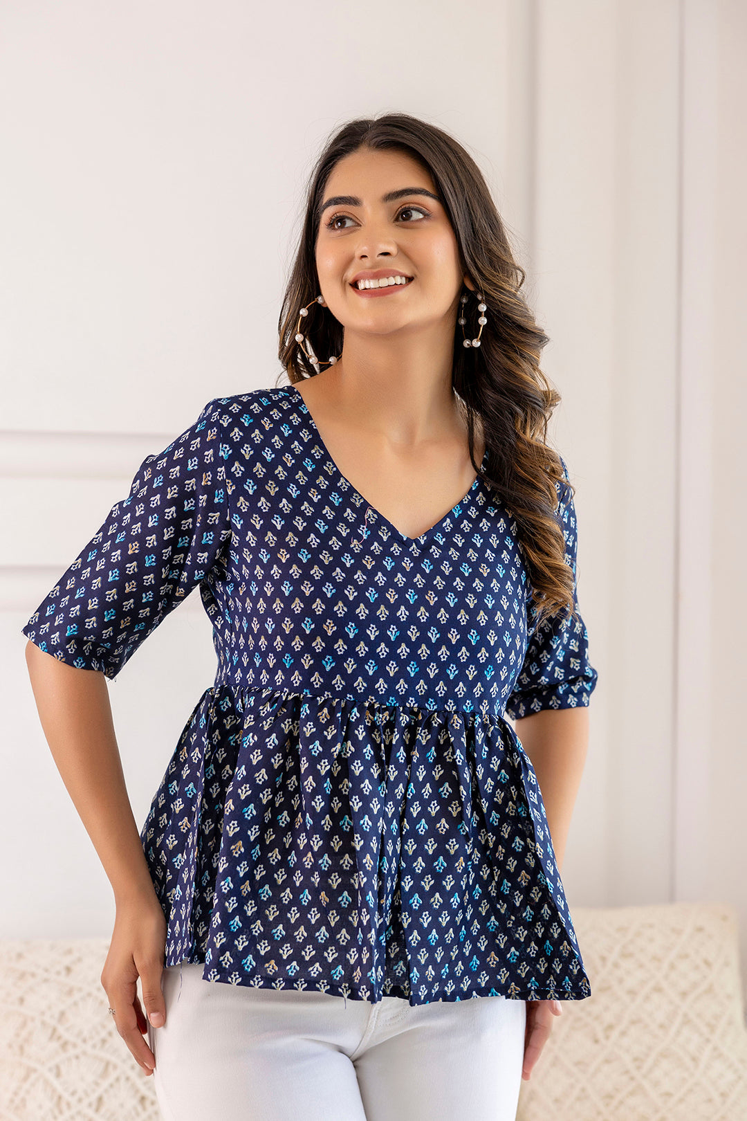 Women Navy Blue Printed V-Neck Peplum Tunic | LASVINI - Redefining Indian Fashion with Elegance