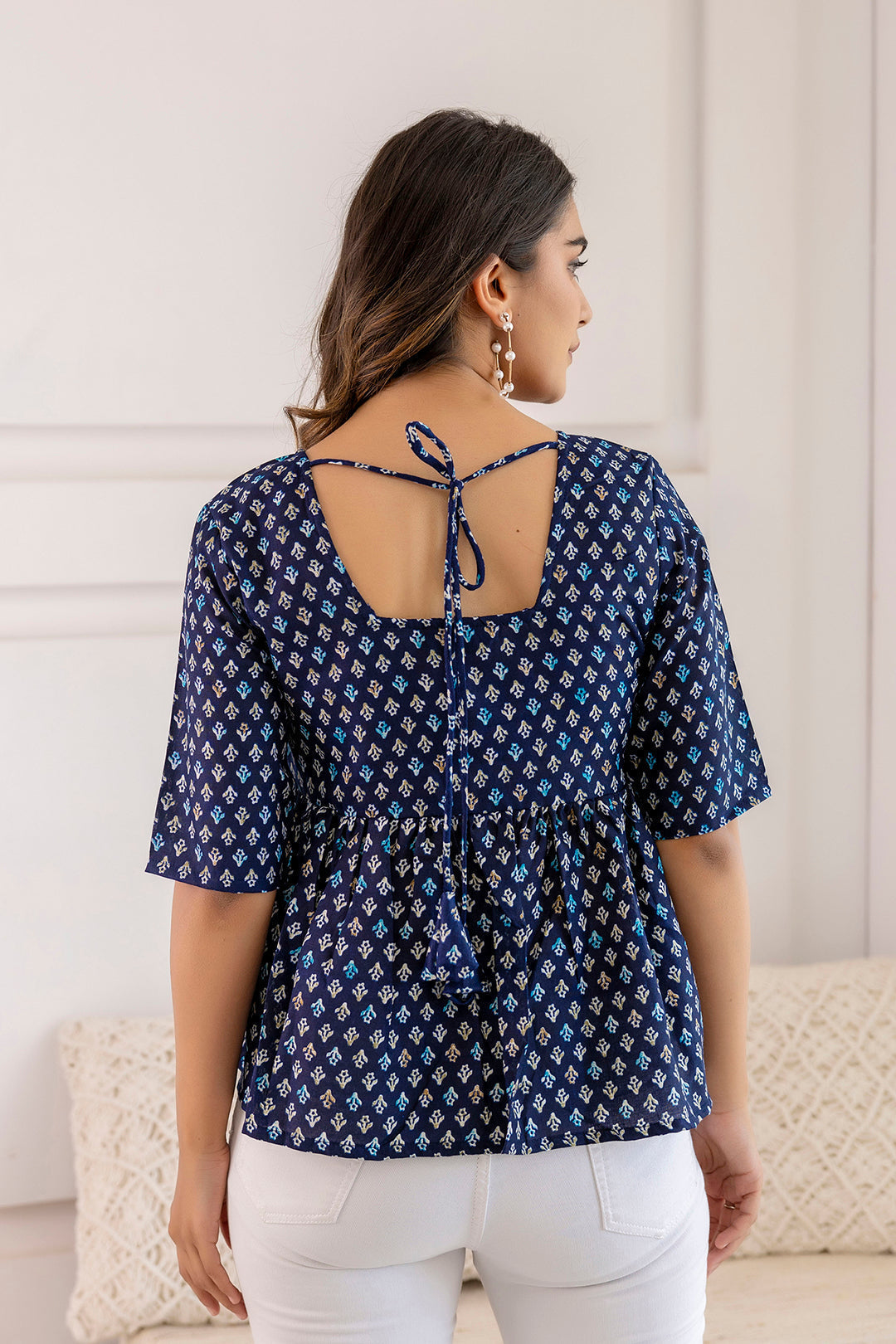 Women Navy Blue Printed V-Neck Peplum Tunic | LASVINI - Redefining Indian Fashion with Elegance