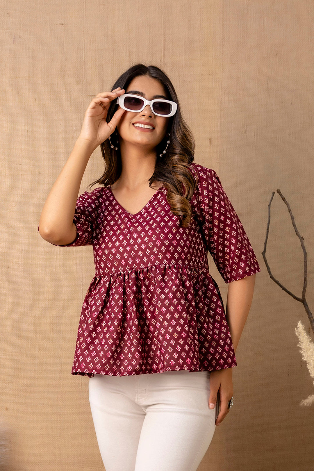 Women Burgundy Printed V-Neck Peplum Tunic | LASVINI - Redefining Indian Fashion with Elegance