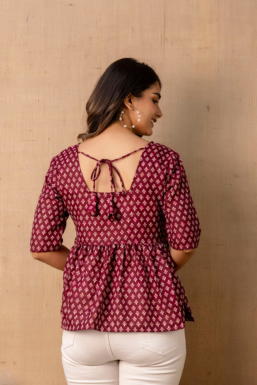 Women Burgundy Printed V-Neck Peplum Tunic | LASVINI - Redefining Indian Fashion with Elegance