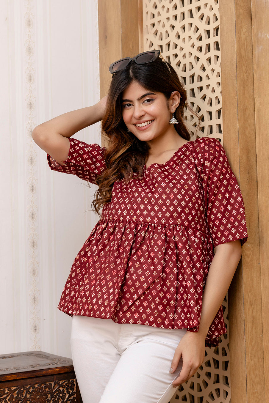Women Maroon Printed V-Neck Peplum Tunic | LASVINI - Redefining Indian Fashion with Elegance