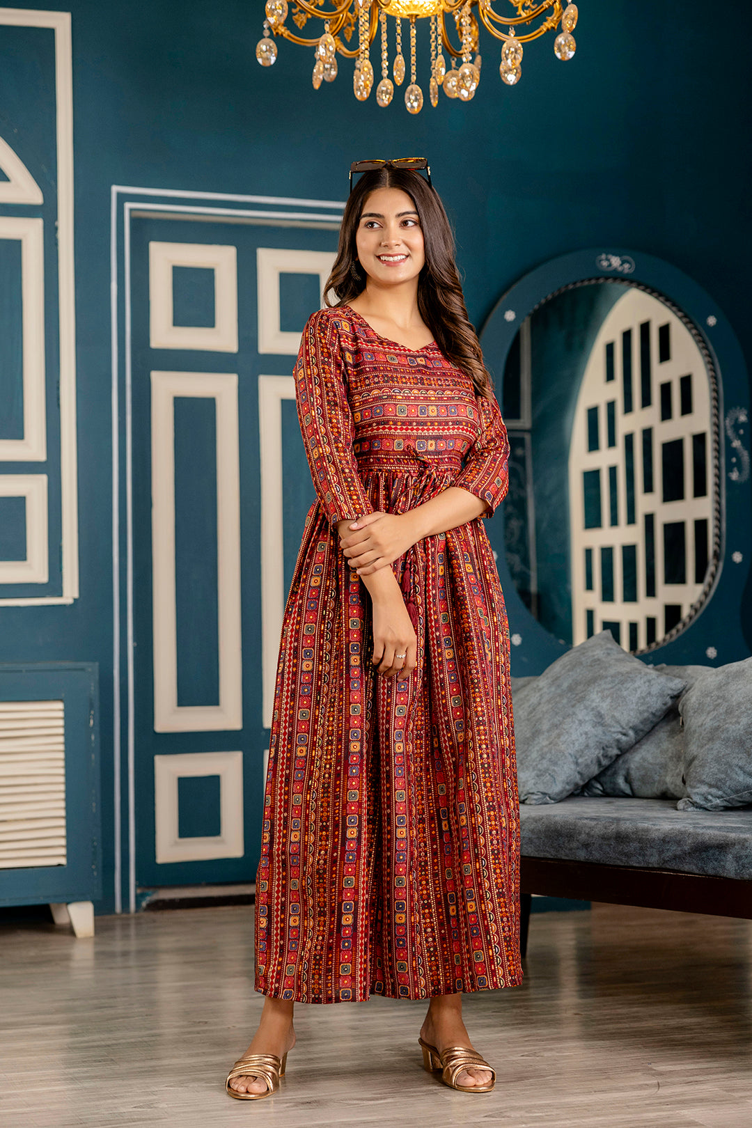 Women Maroon Ethnic Printed Flared Dress | LASVINI - Redefining Indian Fashion with Elegance