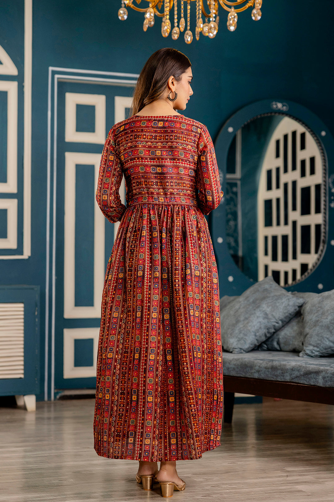 Women Maroon Ethnic Printed Flared Dress | LASVINI - Redefining Indian Fashion with Elegance