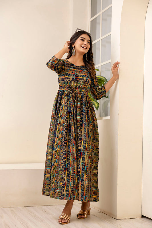 Women Black Ethnic Printed Flared Dress | LASVINI - Redefining Indian Fashion with Elegance