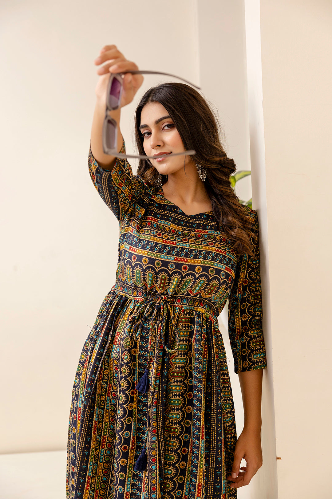 Women Black Ethnic Printed Flared Dress | LASVINI - Redefining Indian Fashion with Elegance
